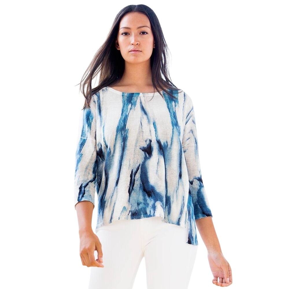 KINROSS 100% Linen Tie Dye Top Blue Coastal Luxe Art To Wear Resort Large